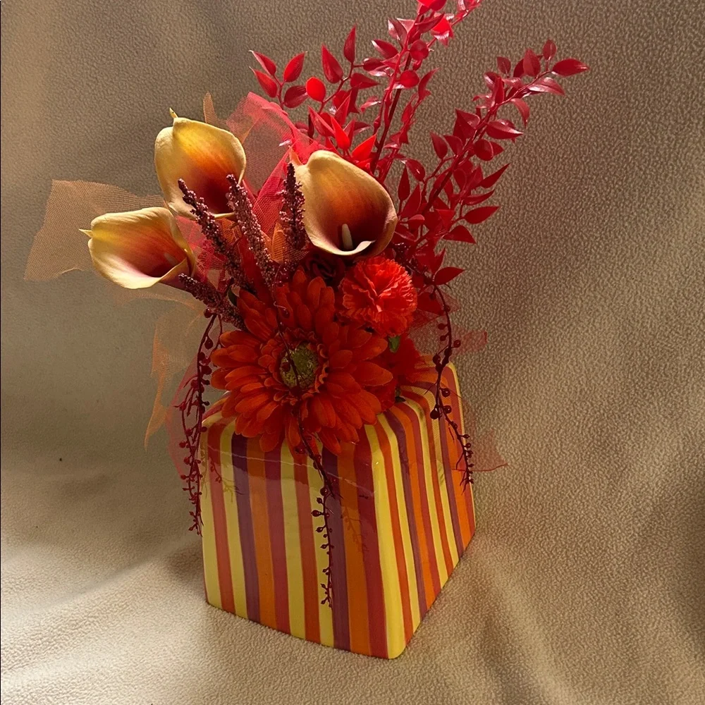 Striped Orange and Red Floral Arrangement Homemade in tissue holder